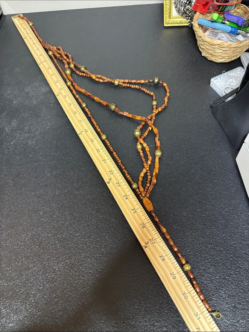 Layered Boho Brown Wooden Bead Necklace with Brass Accents
